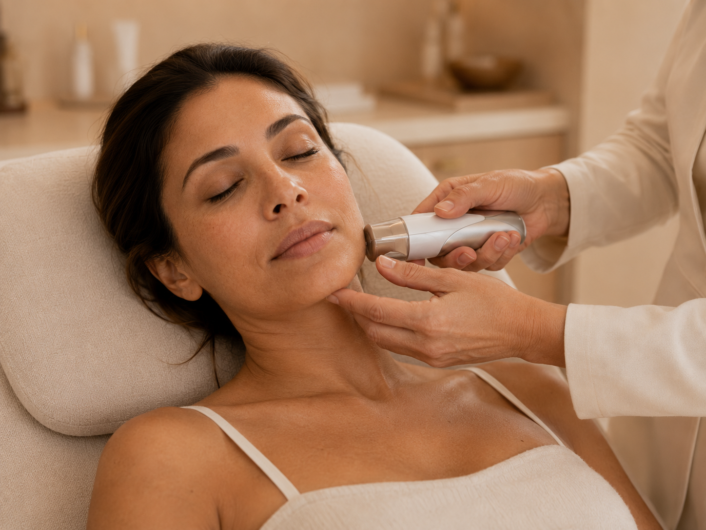 Close detail of an advanced skin treatment device during a HEMERA Advanced Skin Programs session