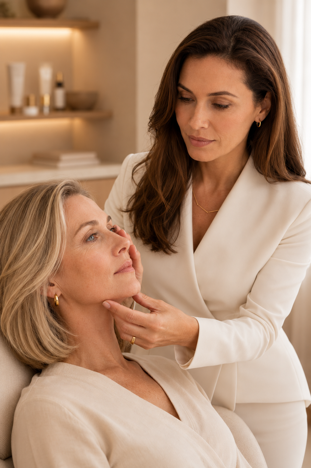 HEMERA's Clinical Leadership assessing a client's skin during a consultation