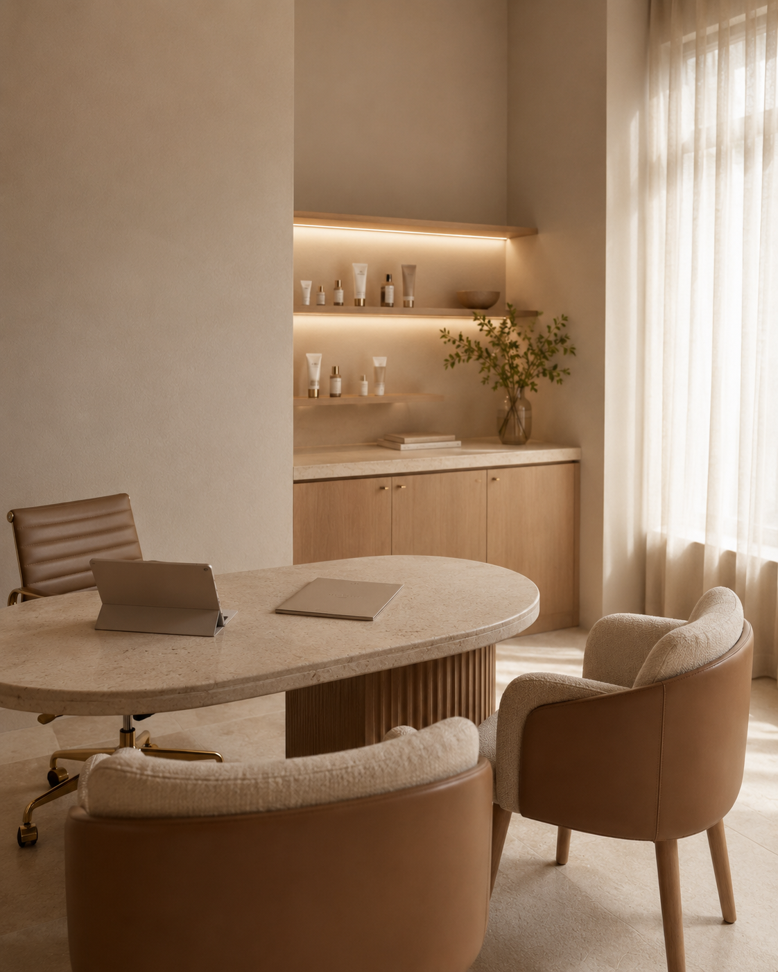 An empty HEMERA consultation room with an oval stone table, oak cabinetry and soft daylight