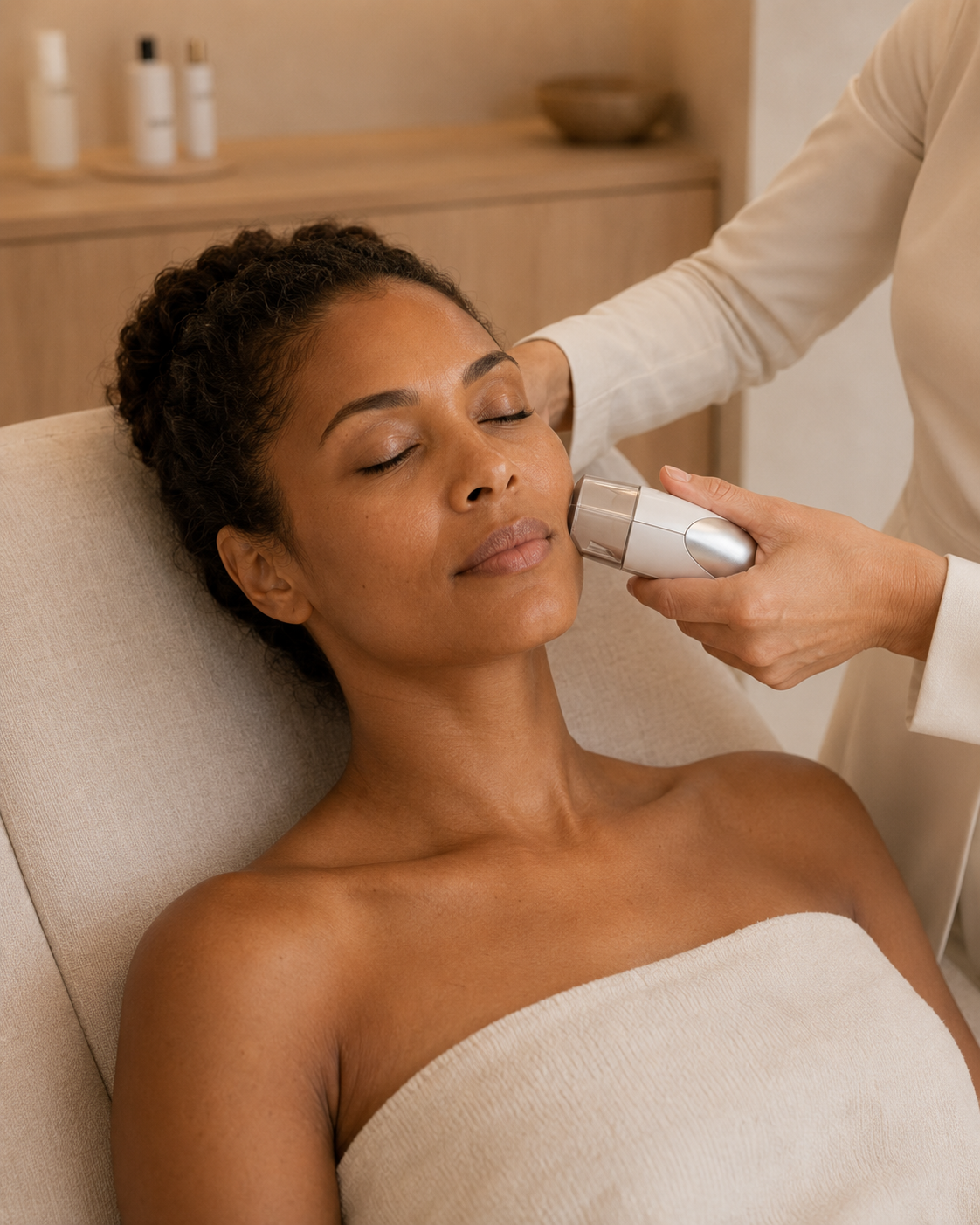 Close detail of a facial treatment device during a HEMERA Facial Aesthetics session