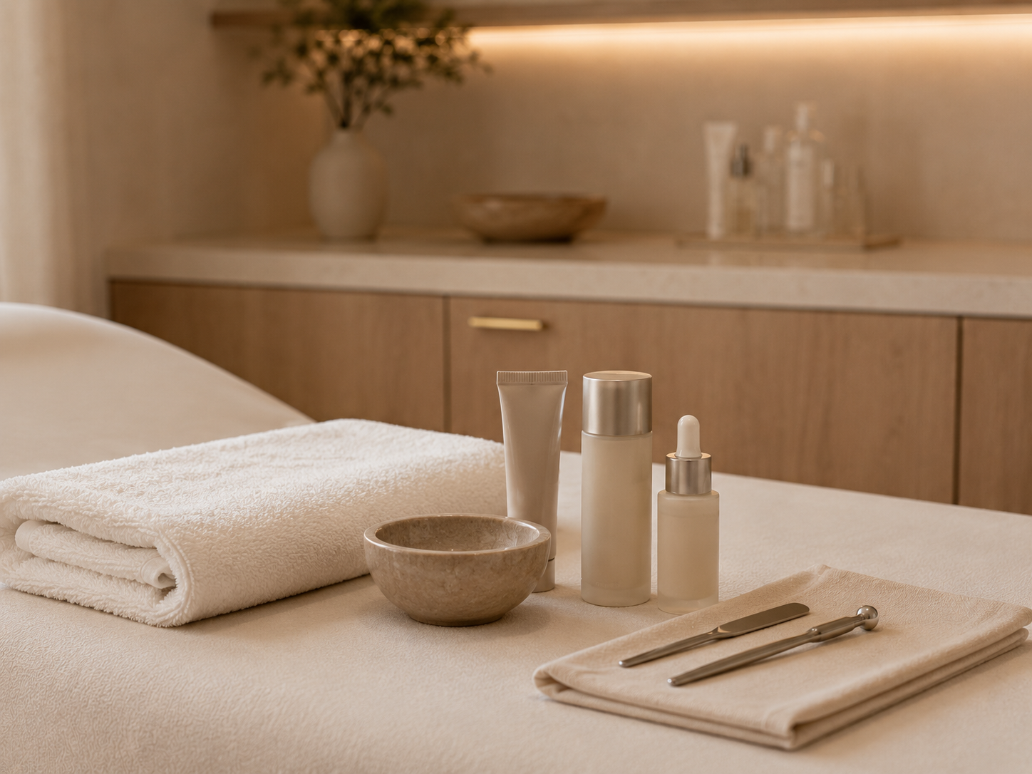 Skincare essentials and a folded linen cloth arranged for a Preventive Skin Health program at HEMERA