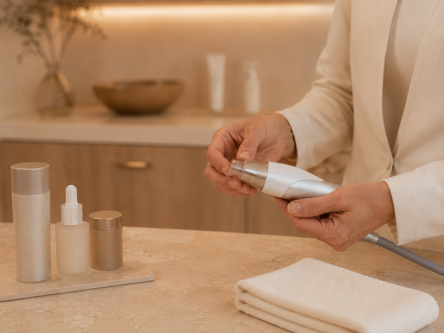 Hands preparing treatment tools and skincare products for a HEMERA Signature Program