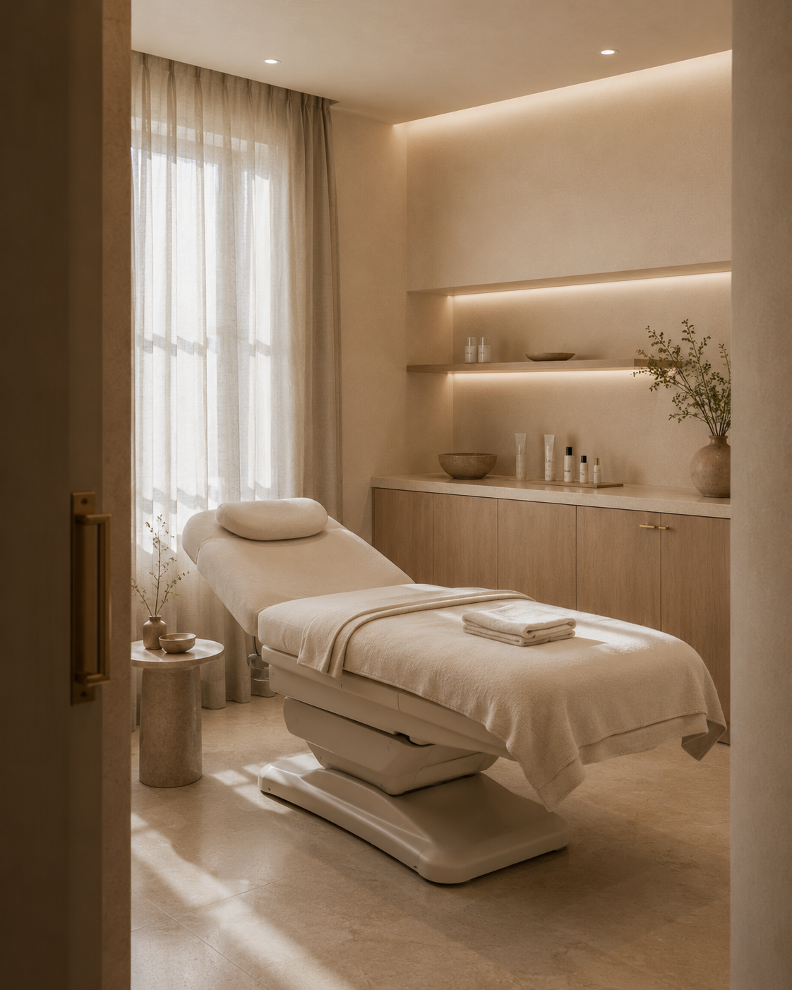 An empty, styled HEMERA treatment room with a treatment bed, oak cabinetry and soft daylight